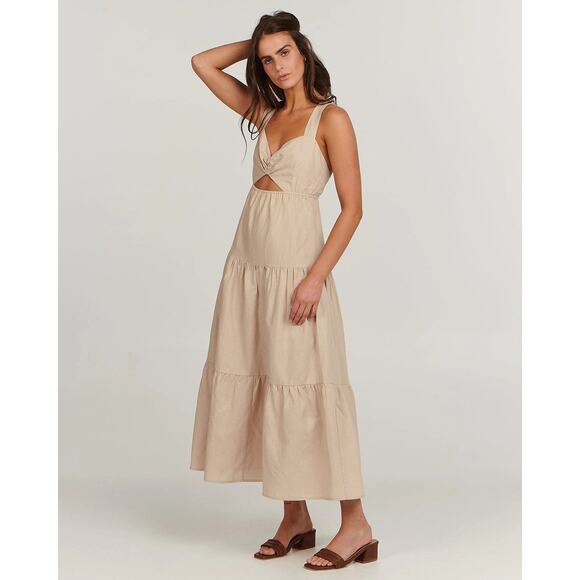 Charlie Holiday Lilian Oat Beige Tiered Cut Out Linen Midi Dress Size XL - Picture 3 of 15